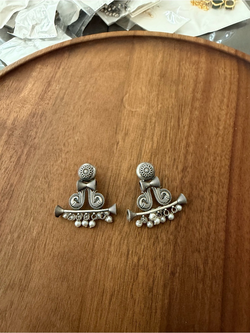 Silver-Tone Tribal Dangle Earrings with Pearl Drops - Women Jewelry